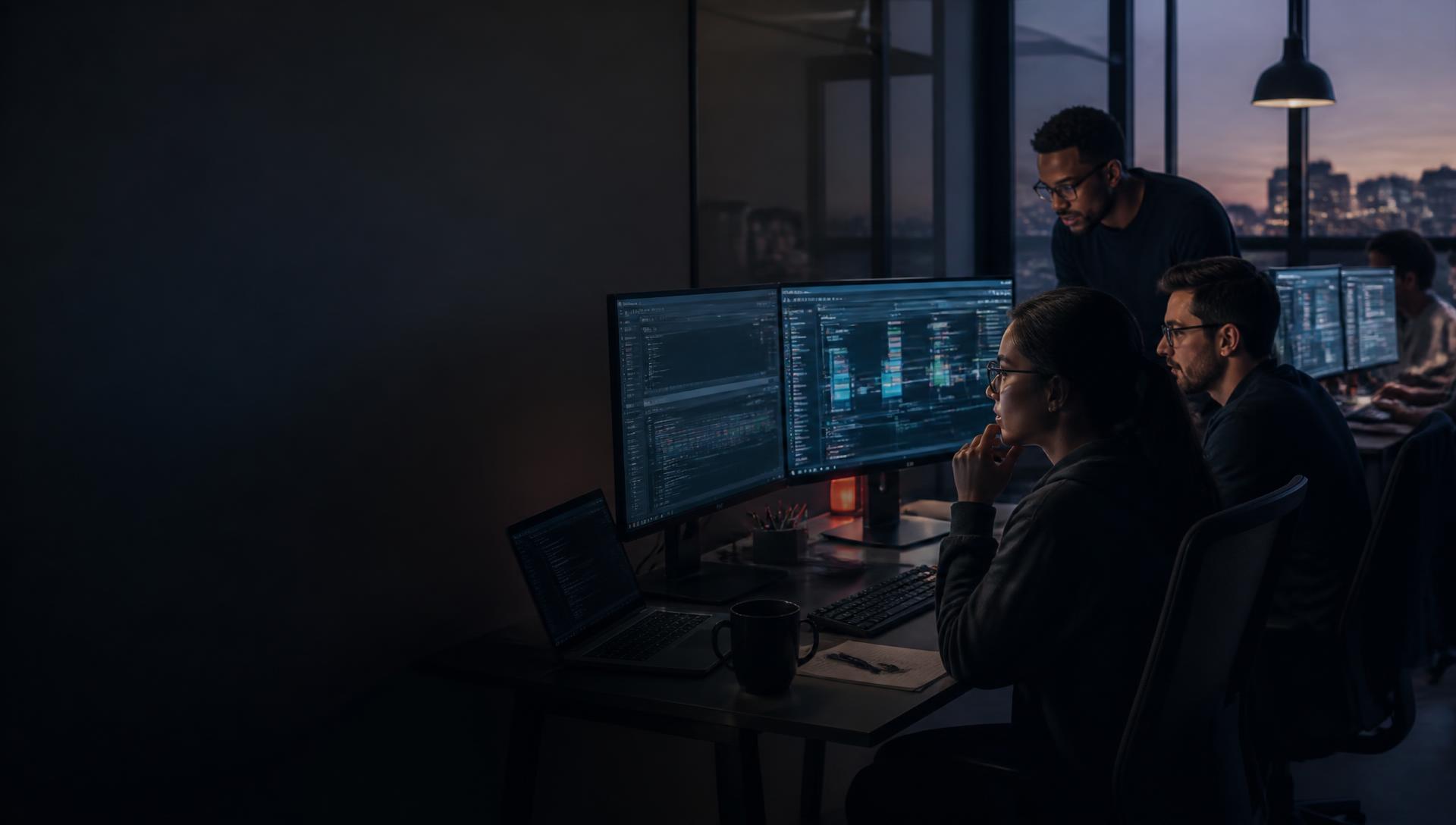 QA engineer working at a modern workstation in a technology environment